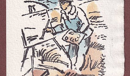 Ex libris Josef Roučka. Alois Moravec u štaflí v plenéru.