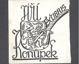 Exlibris Jiří Konůpek. Brkové pero, štír a had.