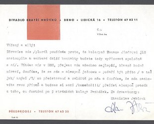 Dopis Ludvíku Kunderovi na hlavičkovém papíře Divadla bratří Mrštíků.
