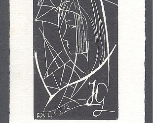Ex libris JG (Josef Glivický). Profil dívky v lineární kompozici.