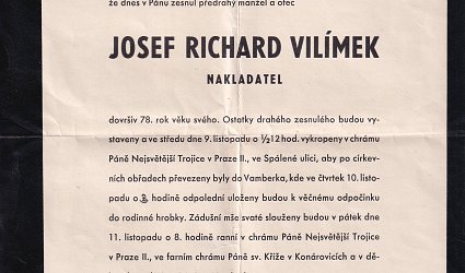 Smuteční oznámení nakladatele Josefa Richarda Vilímka.