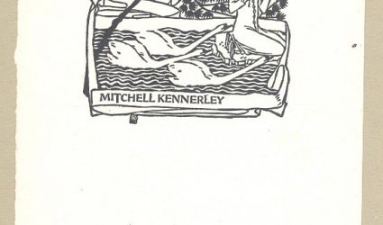 Exlibris Mitchell Kennerley. Tři labutě u čtenářky.