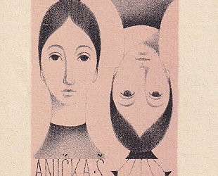 Ex Libris Anička Š. Dvě hlavičky a jméno Anička Š.