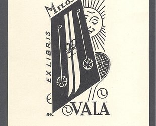 Ex libris Miloš Vala. Lyže a tenisová raketa.