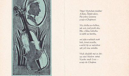 PF 1986 Emil Gebauer. Housle a silueta Chopina v oválu.