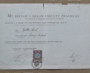Potvrzení Právnické fakulty Karlo-Ferdinandovy univerzity Karlu Gütterovi z r.1902.