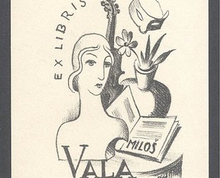 Ex libris Miloš Vala. Dívka, kytice a housle.