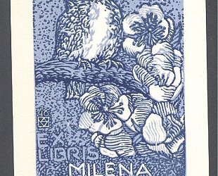 Ex Libris Milena Nožičková. Ptáček na jabloňovém květu.