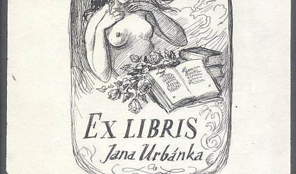 Návhr Ex Libris Jana Urbánka. Žena, růže, knihy.