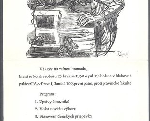 Pozvánka na valnou hromadu Spolku sběratelů a přátel exlibris v Praze dne 25. března 1950.
