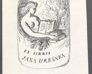 Návhr Ex Libris Jana Urbánka. Čtenářka, růže, knihy, v pozadí strom.