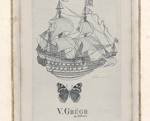 Ex libris V. Grégr. Koráb a babočka admirál.