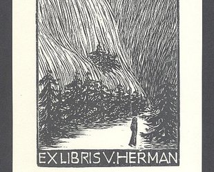 Ex Libris V. Heřman. Postava kráčející v lese.
