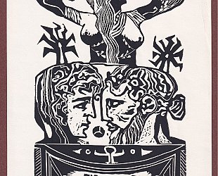 Ex libris L. Liesler. Dvě mužské hlavy a okřídlený ženský akt.